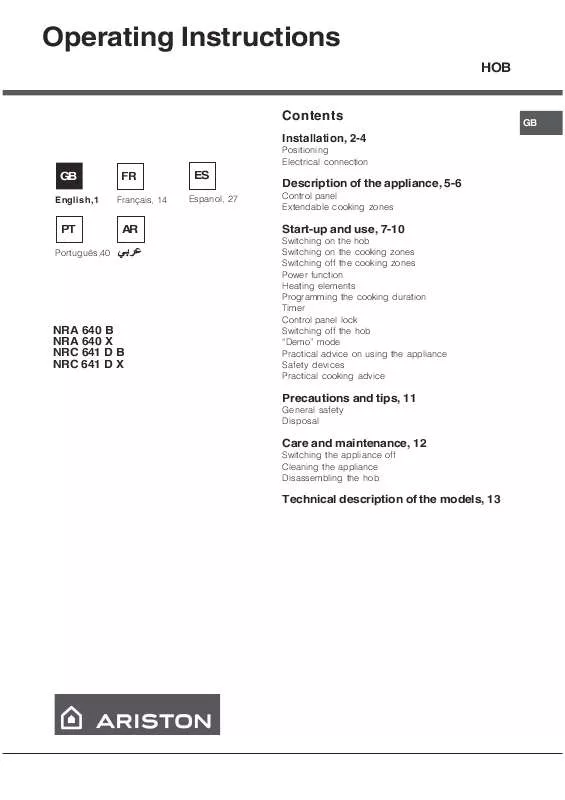 Mode d'emploi HOTPOINT NRA 640 B