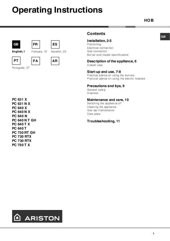 Mode d'emploi HOTPOINT PC 631 X