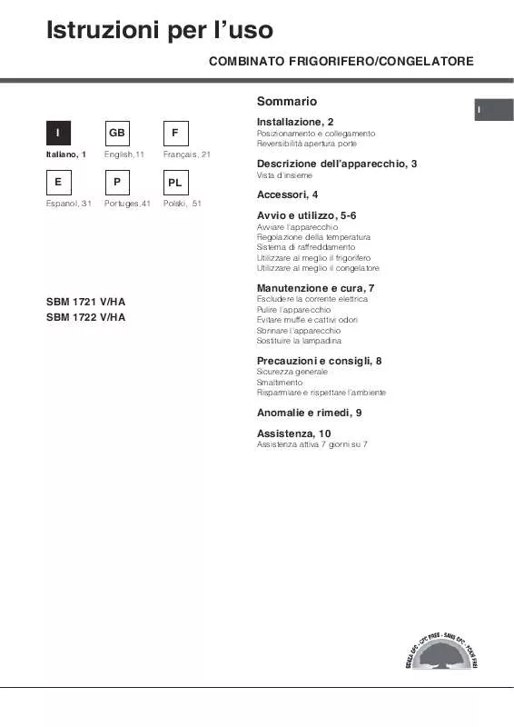 Mode d'emploi HOTPOINT SBM 1721 V/HA