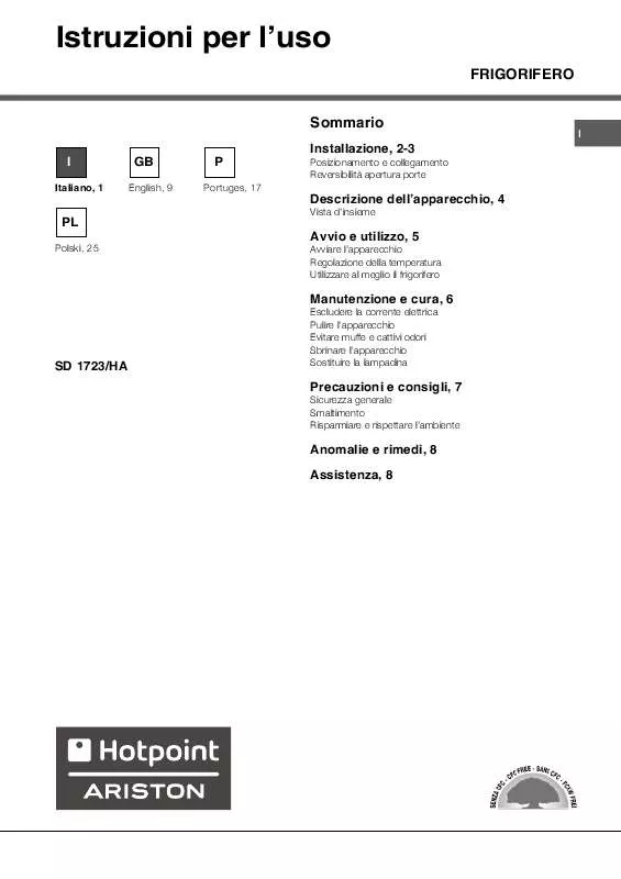 Mode d'emploi HOTPOINT SD 1723/HA