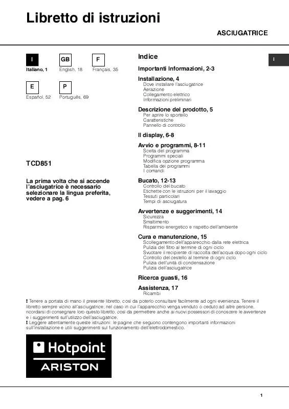 Mode d'emploi HOTPOINT TCD 851 XB IT/HA