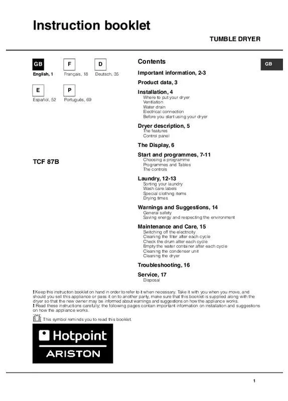 Mode d'emploi HOTPOINT TCF 87B 6HY/N