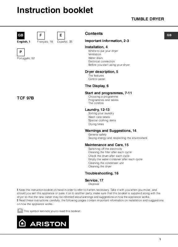 Mode d'emploi HOTPOINT TCF 97B 6XX1