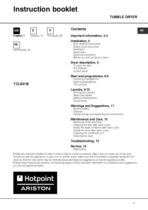 Mode d'emploi HOTPOINT TCL 831 B