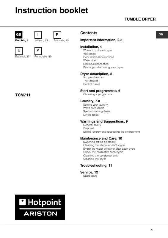 Mode d'emploi HOTPOINT TCM711EU/HA