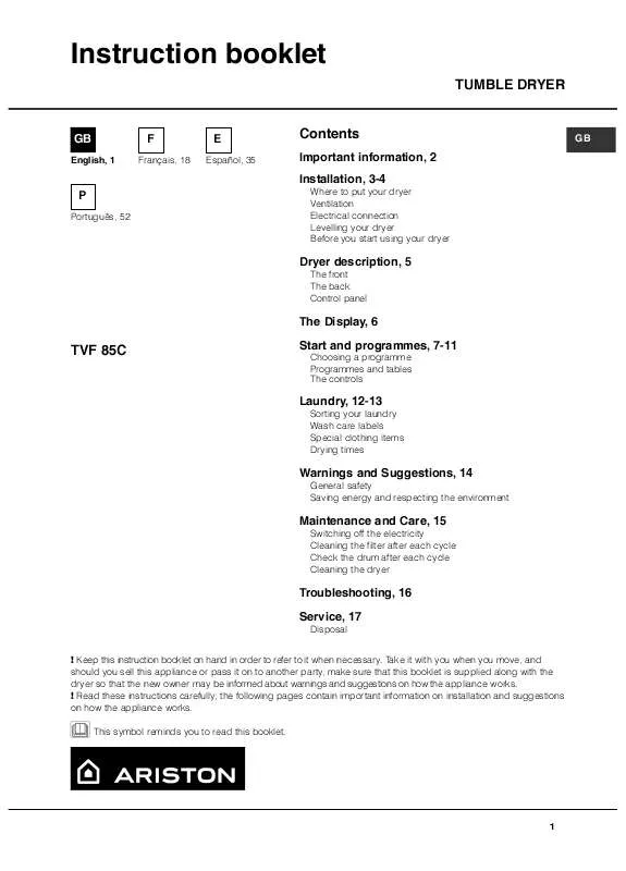 Mode d'emploi HOTPOINT TVF 85C 6H