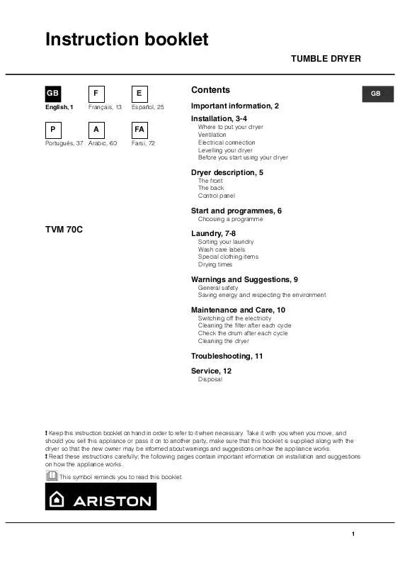 Mode d'emploi HOTPOINT TVM 70C 6P/Z