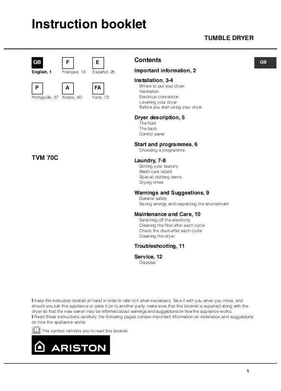 Mode d'emploi HOTPOINT TVM 70C 6P