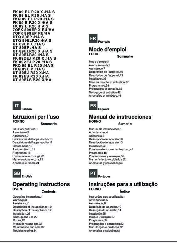 Mode d'emploi HOTPOINT UT 89ES P.20 X/HA