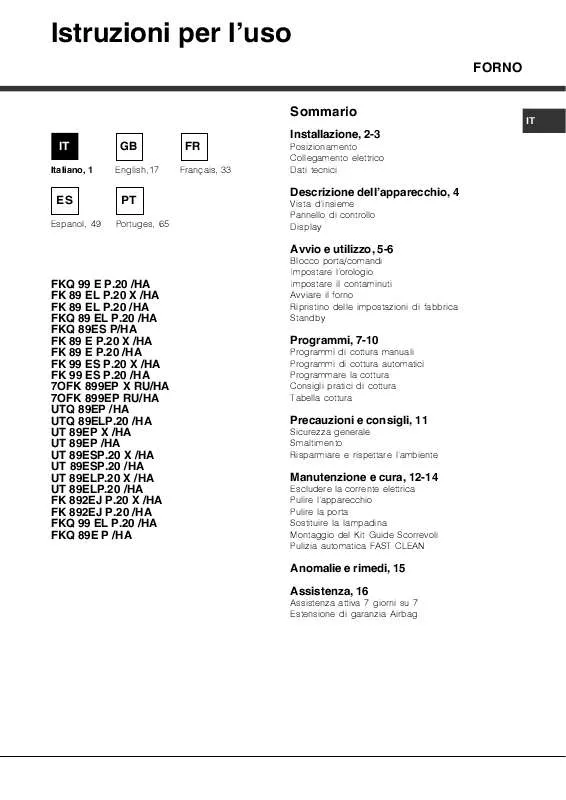 Mode d'emploi HOTPOINT UT89ESP.20X/HA OLD