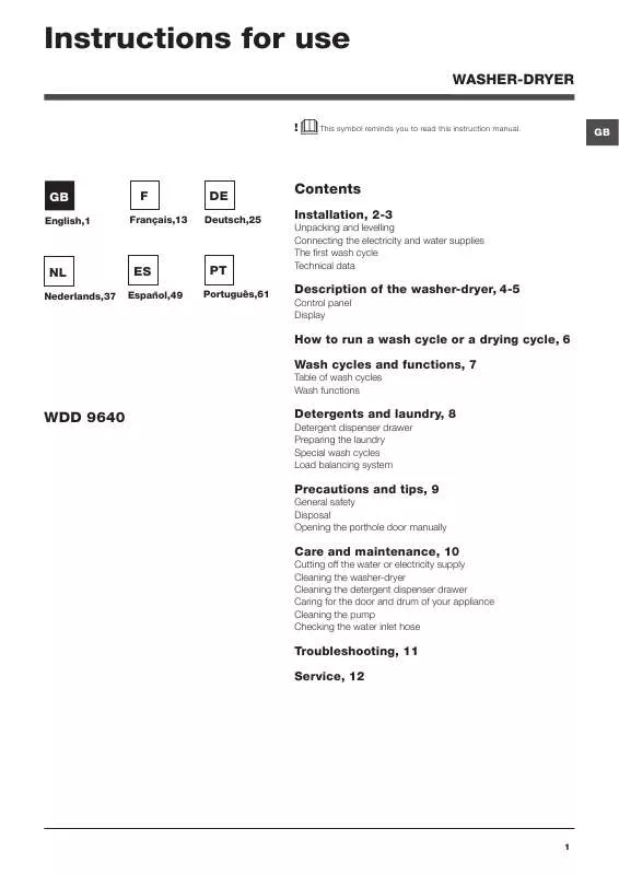 Mode d'emploi HOTPOINT WDD 9640B EU