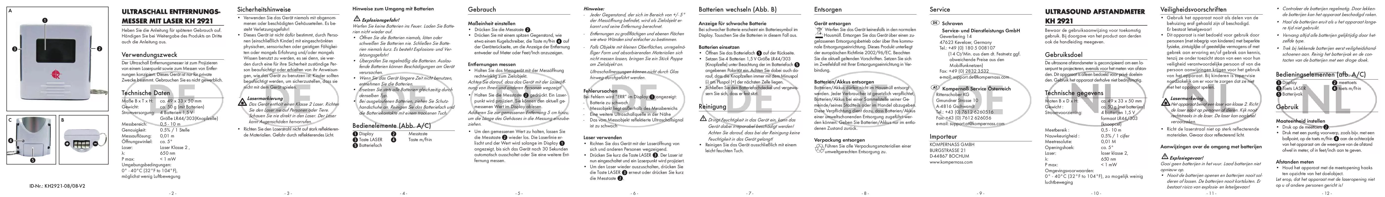 Mode d'emploi KOMPERNASS KH 2921 ULTRASONIC DISTANCE METER