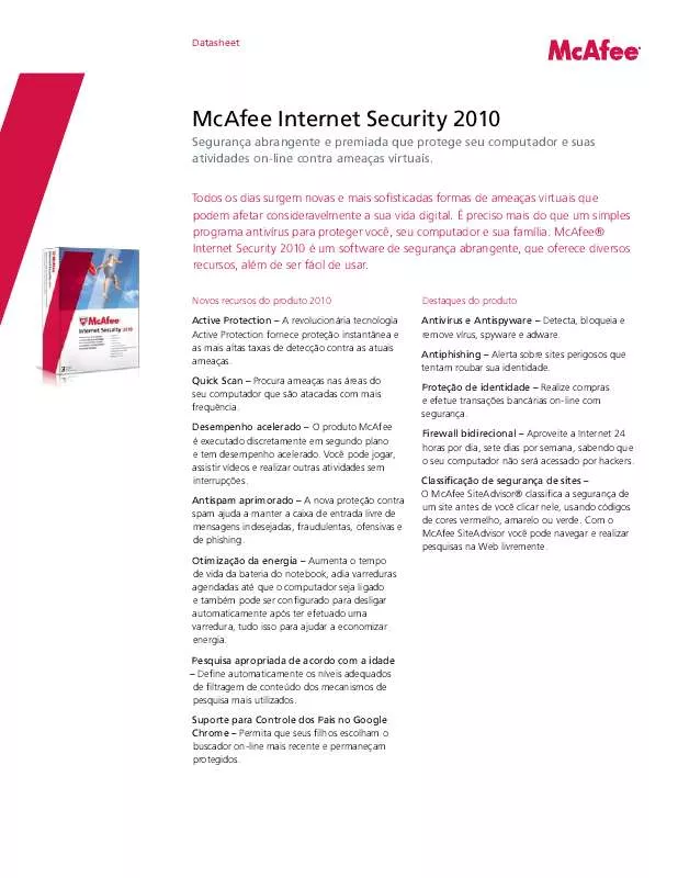 Mode d'emploi MCAFEE INTERNET SECURITY 2010