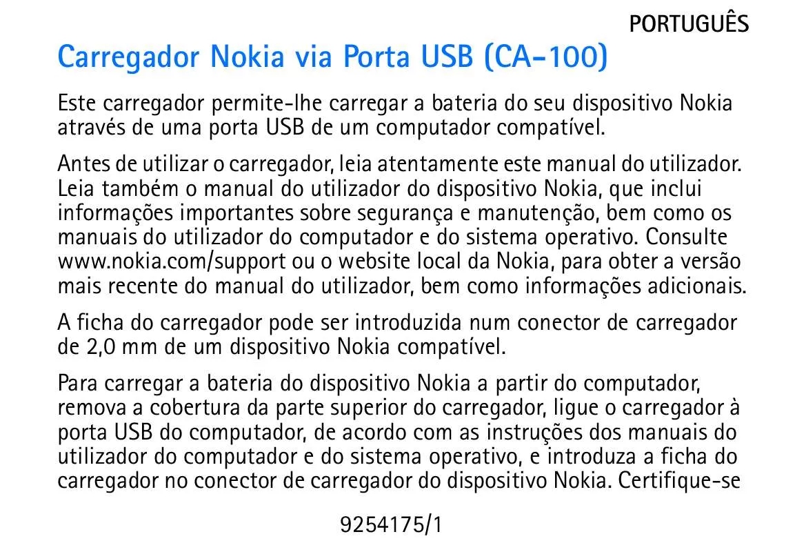 Mode d'emploi NOKIA CHARGER VIA USB PORT CA-100