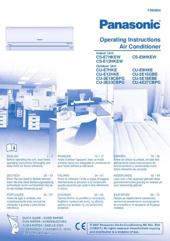 Mode d'emploi PANASONIC CS-E7HKEW