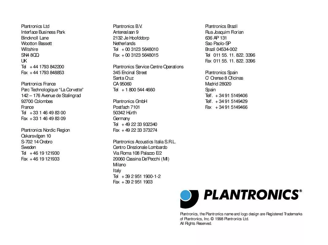 Mode d'emploi PLANTRONICS HANDSET SWITCH