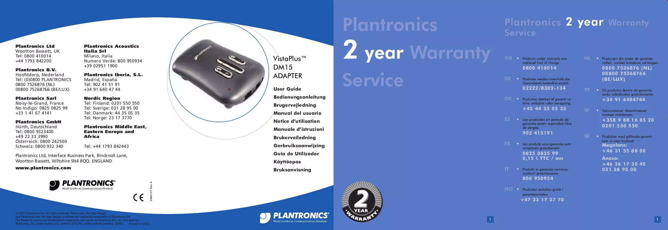 Mode d'emploi PLANTRONICS VISTAPLUS DM 15 ADAPTER