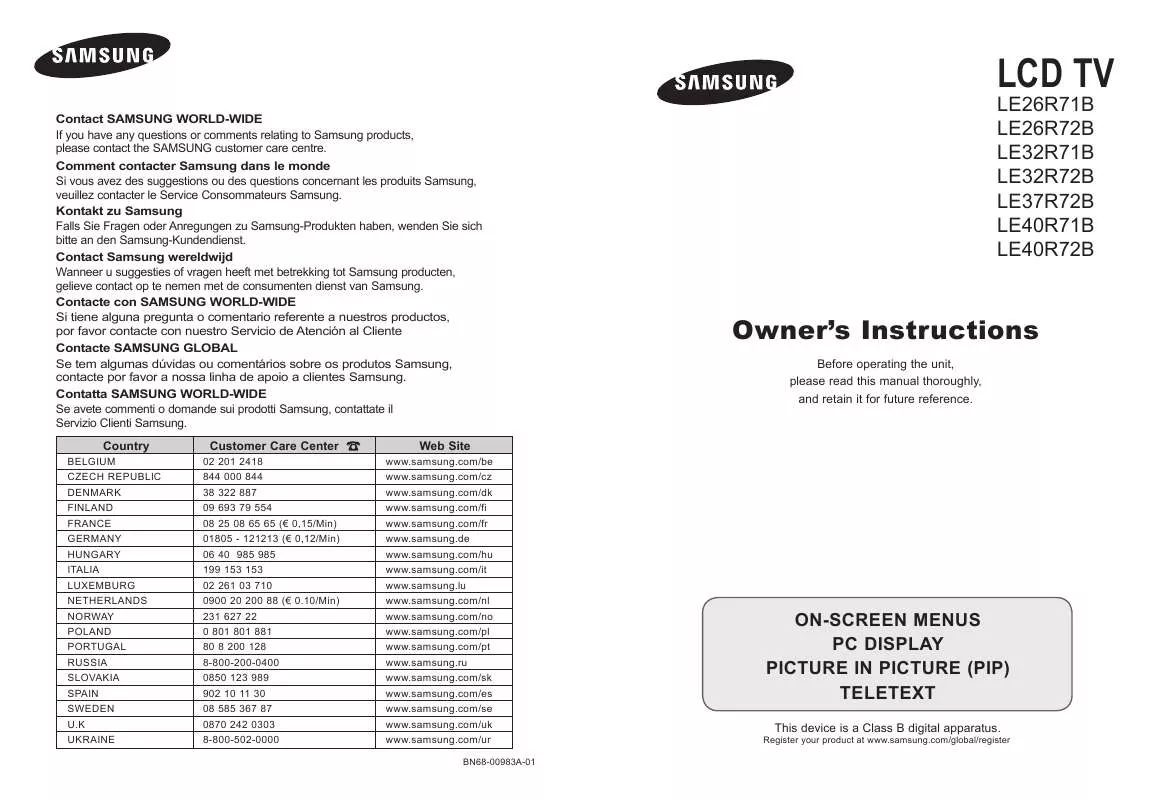 Mode d'emploi SAMSUNG LE-26R72B