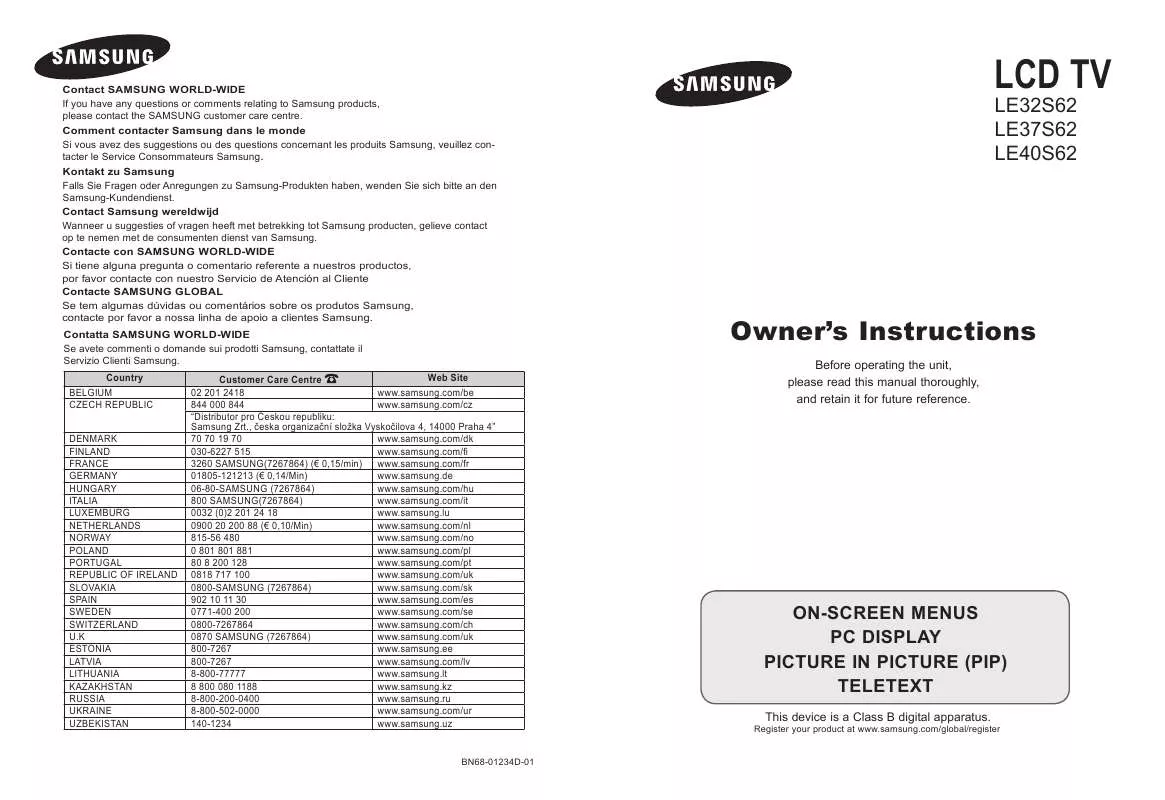 Mode d'emploi SAMSUNG LE37S62B