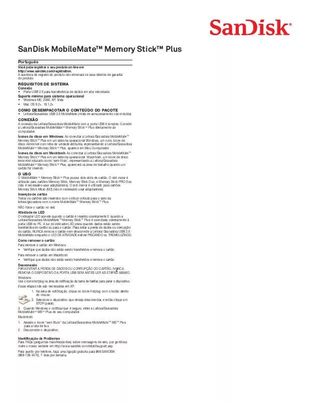 Mode d'emploi SANDISK MOBILE PREMIER MICROSDHC WITH MOBILEMATE MICRO READER