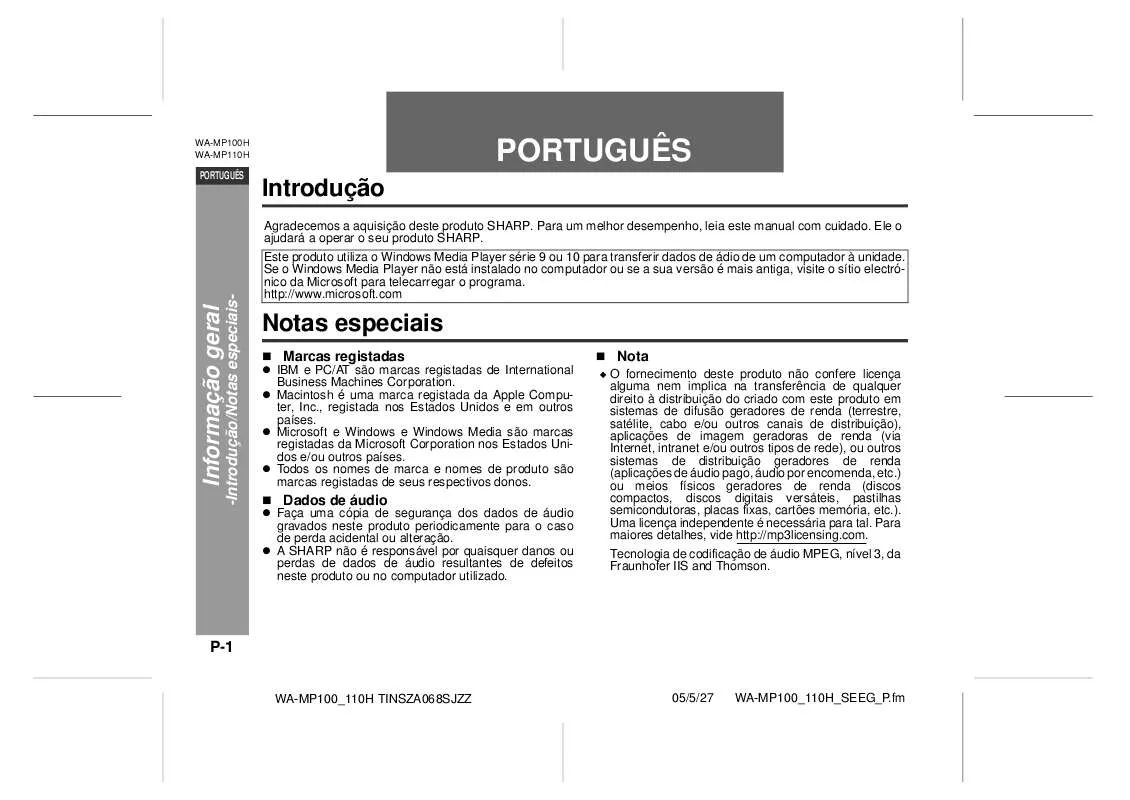 Mode d'emploi SHARP WA-MP100H/110H