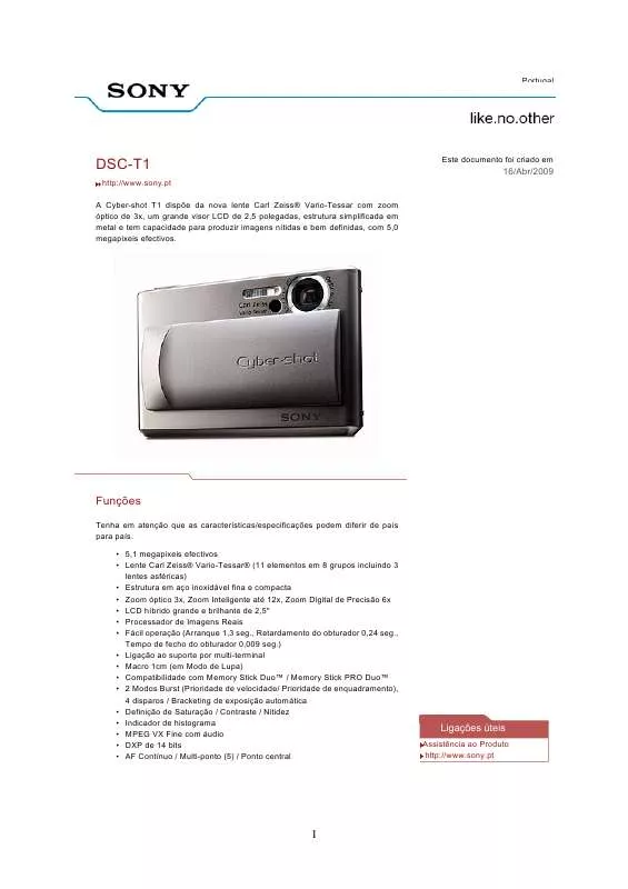 Mode d'emploi SONY CYBER-SHOT DSC-T1