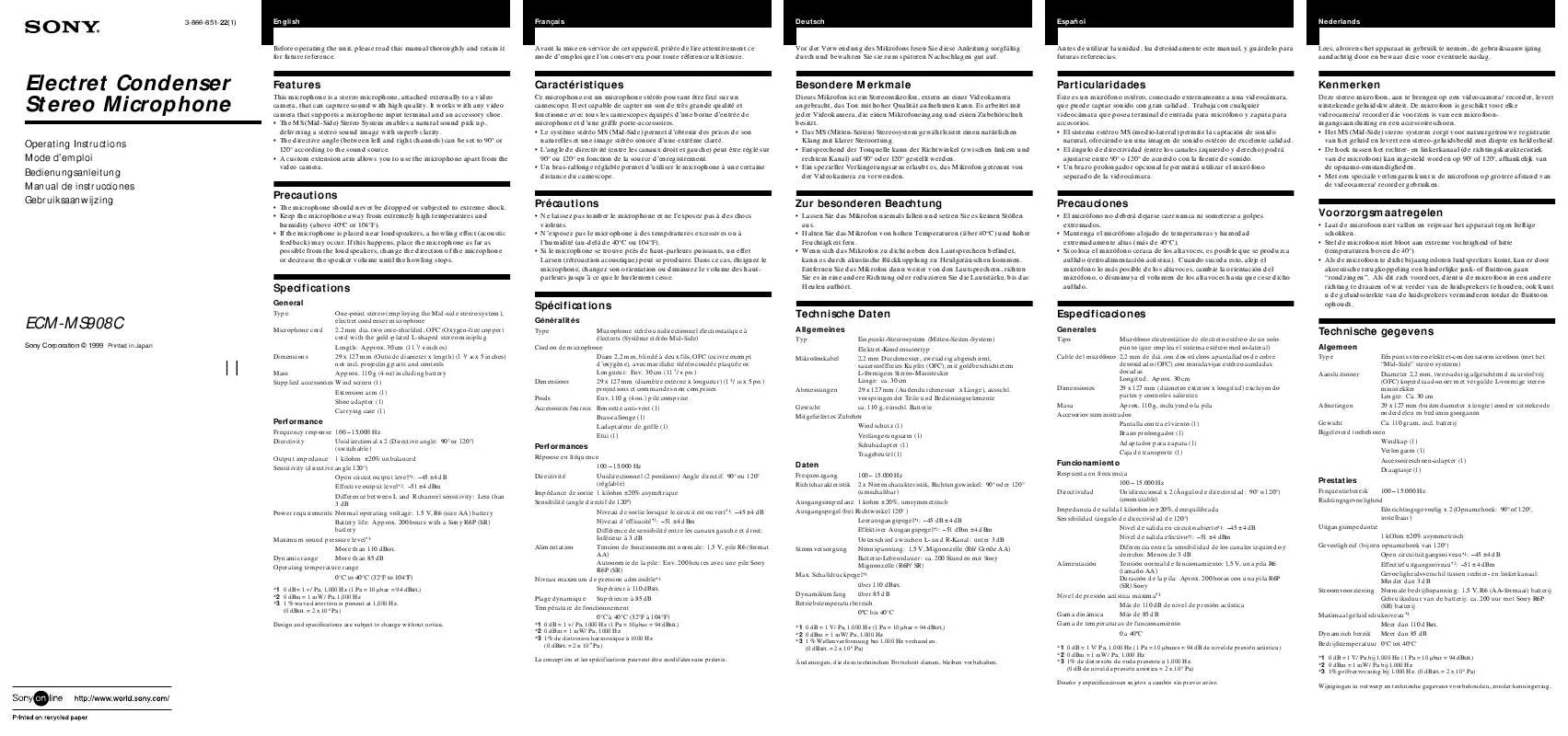 Mode d'emploi SONY ECM-MS908C