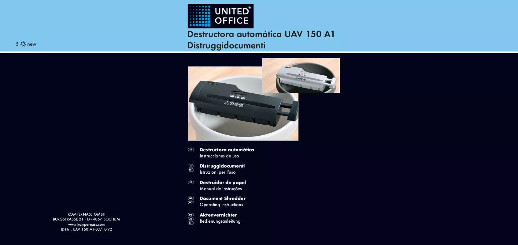 Mode d'emploi UNITED OFFICE UAV 150 A1 DOCUMENT SHREDDER