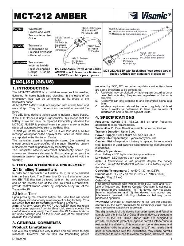 Mode d'emploi VISONIC MCT-212 AMBER