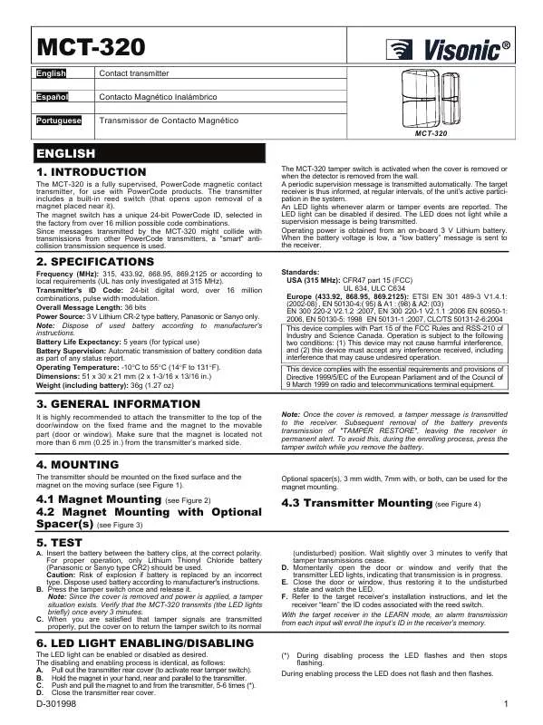 Mode d'emploi VISONIC MCT 320