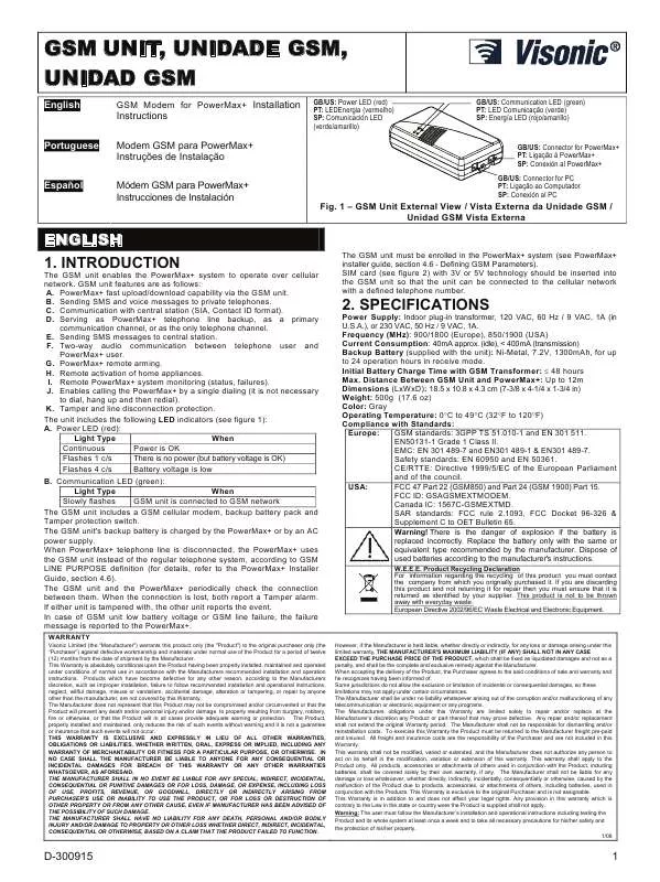 Mode d'emploi VISONIC UNIDAD GSM